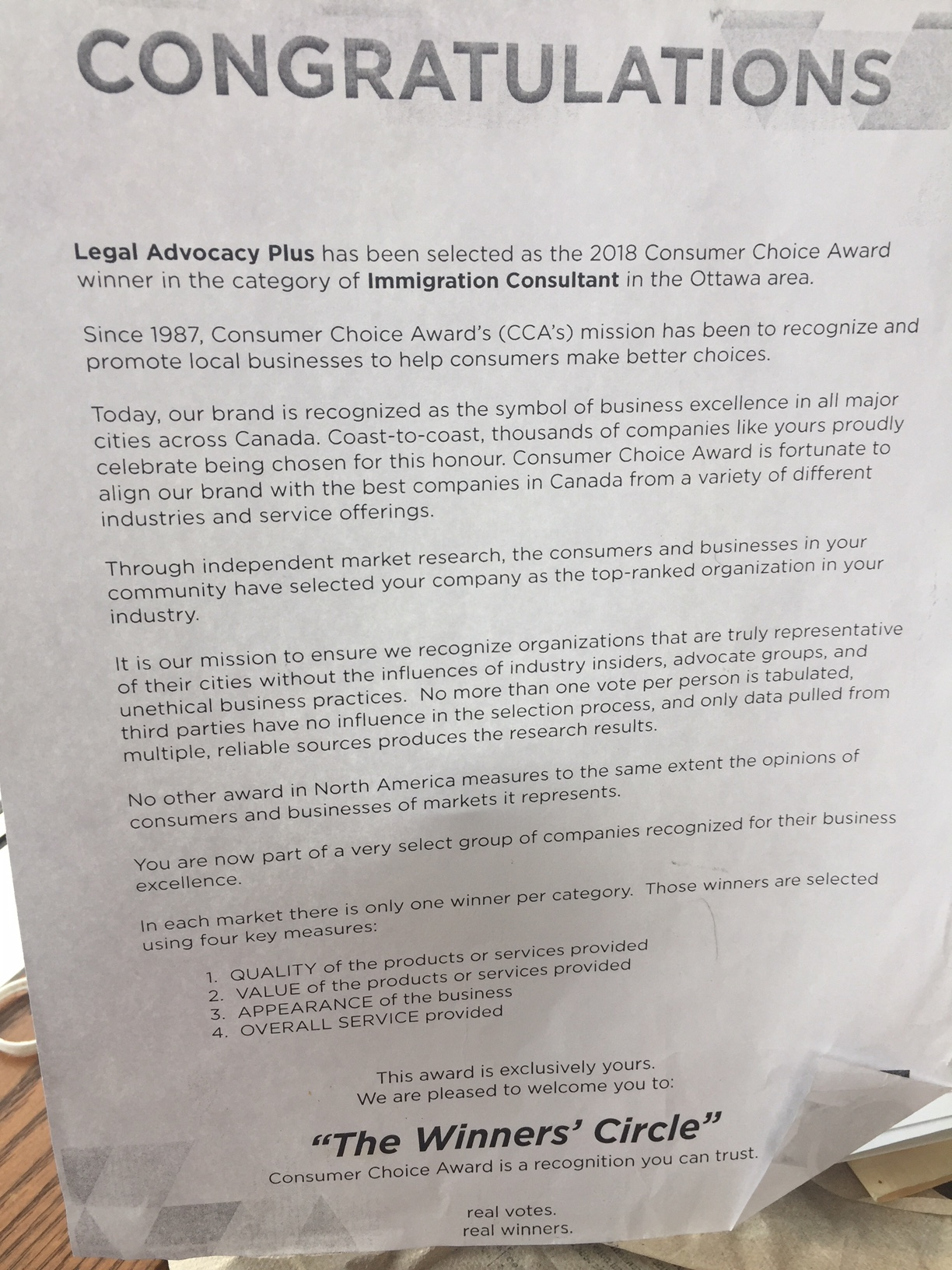 Consumer Choice Award 2018 for best Immigration Consultant