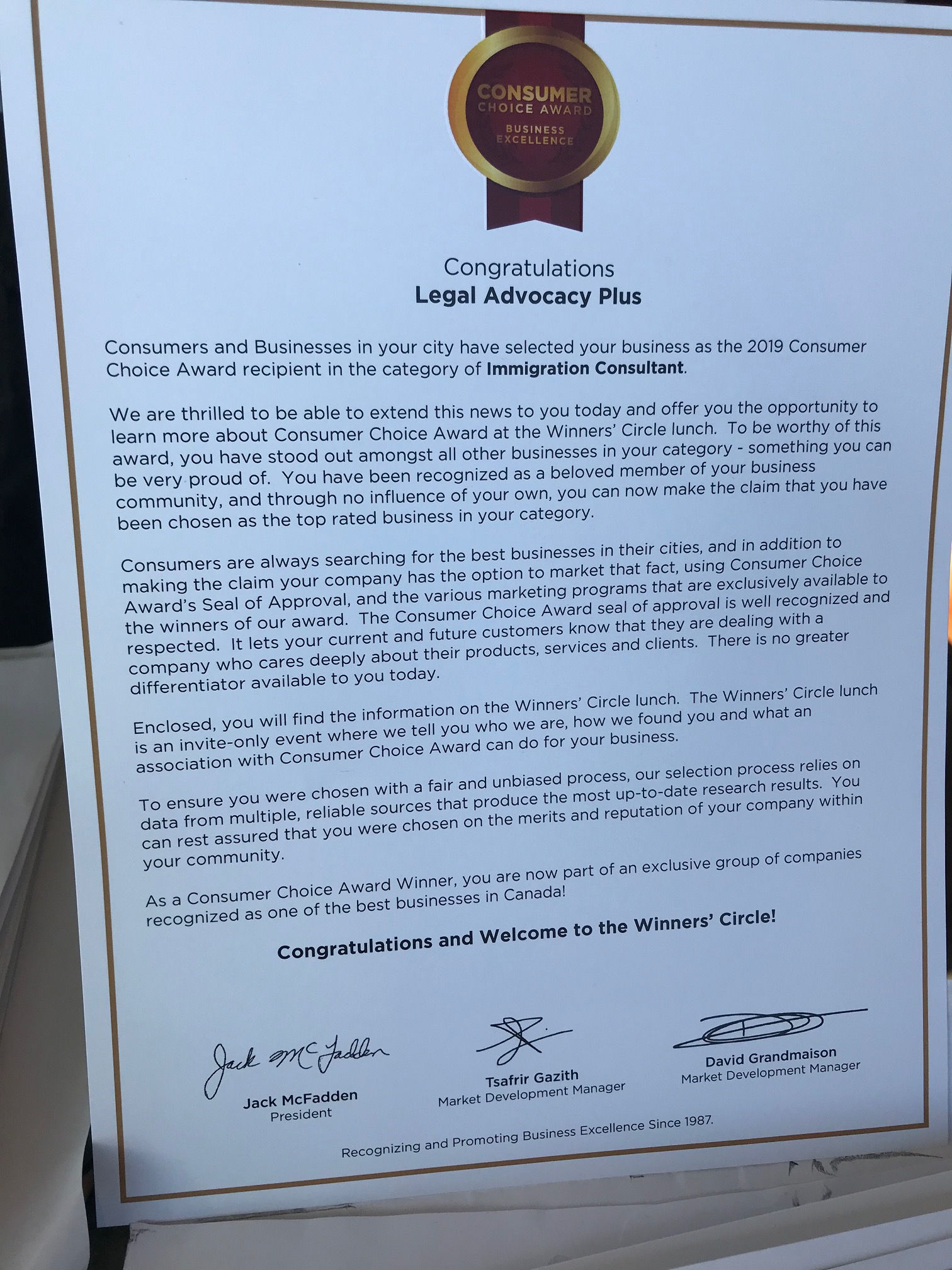 Consumer Choice Award 2019 for best Immigration Consultant