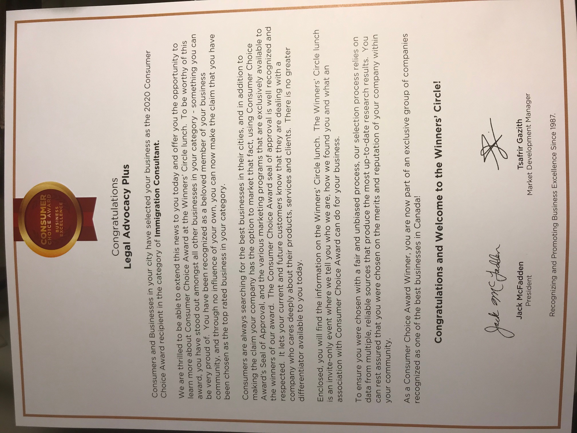 Consumer Choice Award 2020 for best Immigration Consultant